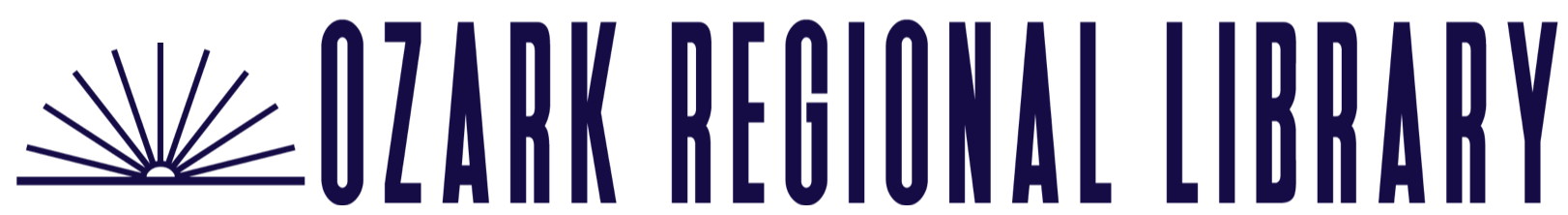 Ozark Regional Library logo which is an abstracted sun rising over horizon. 12 lines from the circle as rays of light. Text: Ozark Regional Library