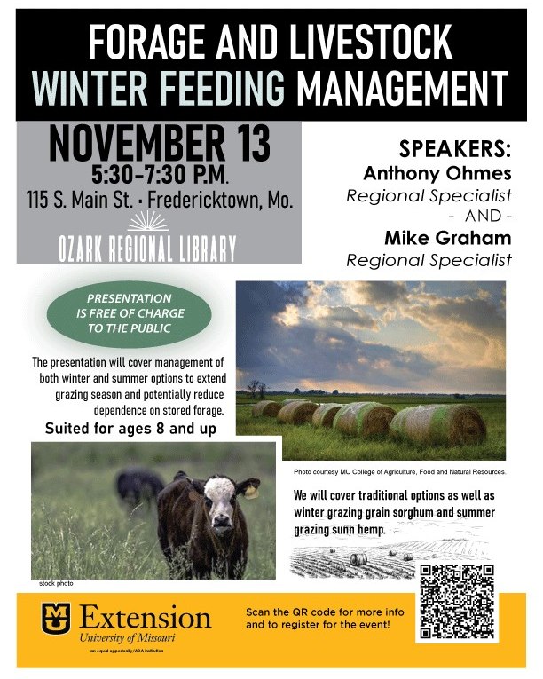 An event flyer for an educational presentation on Forage and Livestock Winter Fedeing Management. November 13, 5:30pm, 115 S. Main Street Fredericktown, MO
		SPEAKERS:
Anthony Ohmes
Regional Specialist
- AND -
Mike Graham
Regional Specialist
PRESENTATION
IS FREE OF CHARGE
TO THE PUBLIC
The presentation will cover management of both winter and summer options to extend grazing season and potentially reduce dependence on stored forage.
Suited for ages 8 and up
Photo courtesy MU College of Agriculture, Food and Natural Resources.
We will cover traditional options as well as winter grazing grain sorghum and summer grazing sunn hemp.